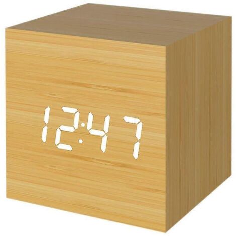 Réveil numérique 2024, mini réveil cube moderne en bois avec éclairage LED, affiche l'heure, la date et la température.