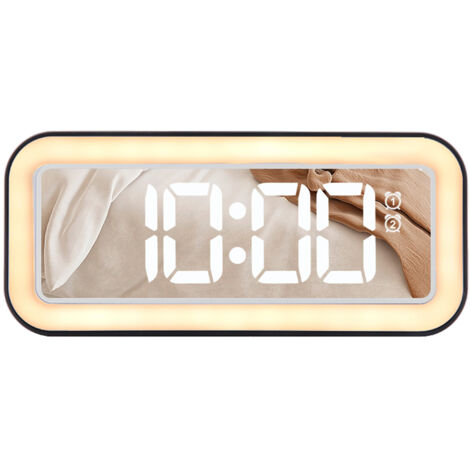 Réveil numérique 5.7 pouces double alarme, affichage LED miroir, 3 niveaux luminosité, snooze, double alimentation 12/24h, pour chambre