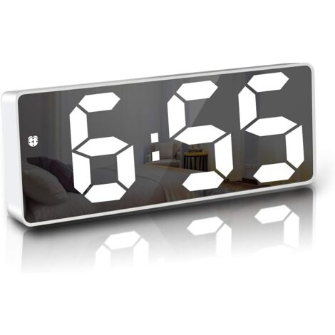 Réveil numérique, 6,7 pouces LED miroir horloge numérique alarme de chevet matin, activé par la voix/pas de tic/snooze/temp/date heure luminosité réglable pour enfants adultes, blanc