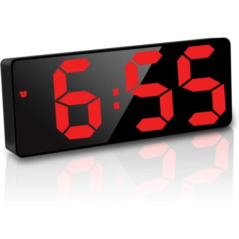Réveil numérique, 6,7 pouces LED Miroir Horloge numérique Réveil de chevet Alarme matinale, Activé par la voix/Non-Tick/Snooze/Temp/Date Heure Luminosité réglable pour enfants adultes, Rouge