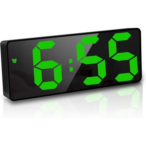 Réveil numérique, 6,7 pouces miroir LED horloge numérique réveil de chevet alarme matinale, activé par la voix/pas de tic/snooze/température/date heure luminosité réglable pour enfants adultes, vert