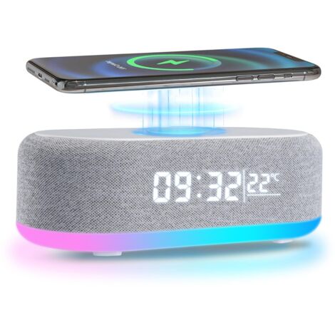 Réveil Numérique à Chargeur sans Fil, Multifonctionnel Reveil Matin Enceinte Bluetooth, Reveil Lumineux avec la température, Horloge Digitale pour Table de Chevet