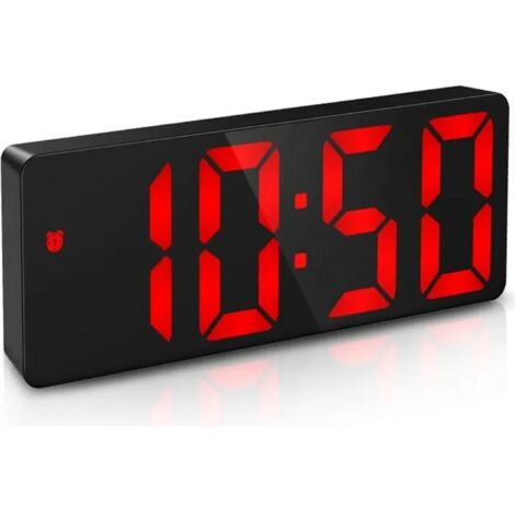 Réveil numérique à LED avec fonction snooze, luminosité réglable, mode jour (rouge), design minimaliste et monobloc.