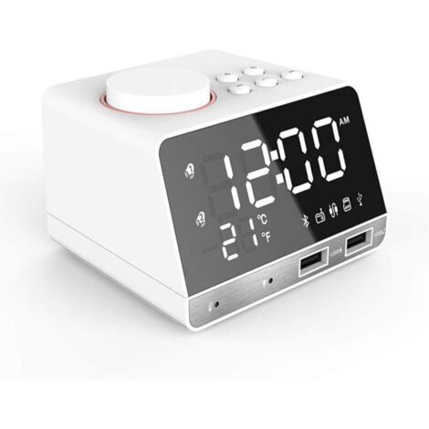 RéVeil NuméRique à LED, Haut-Parleur Basse Bluetooth, Radio FM 2 Chargeur USB Horloges de Chevet, Lecteur de Musique Fonction de TempéRature de RéPéTition RéVeil pour Enfants