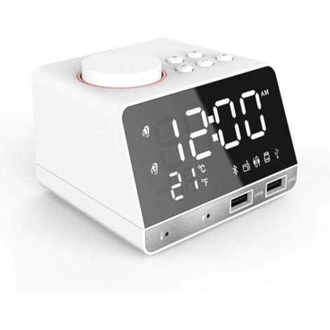 RéVeil NuméRique à LED, Haut-Parleur Basse Bluetooth, Radio FM 2 Chargeur USB Horloges de Chevet, Lecteur de Musique Fonction de TempéRature de RéPéTition RéVeil pour Enfants