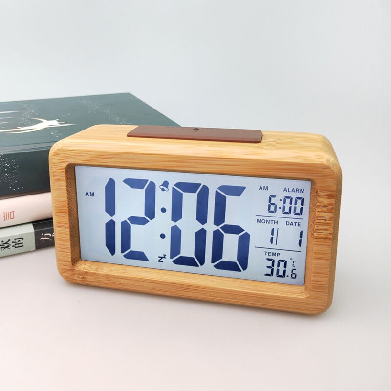 Feiyue - Réveil numérique à led, petite horloge de table en bois avec date et température