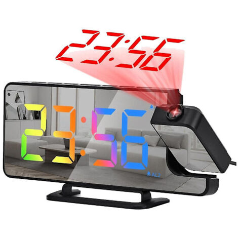 Réveil numérique à projection pour chambre à coucher, miroir LED de 7,6 cm, avec projecteur 180°, noir