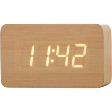 Réveil Numérique - Affichage LED Rectangle - Contrôle Vocal et Tactile - Température et Heure - Éclairage Réglable - Bois Naturel - Alimentation USB ou Pile AAA - 1 Pièce