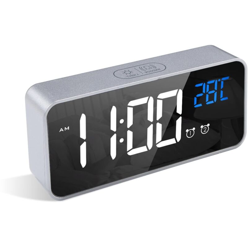 Réveil Numérique, Alarm Réveil LED avec Fonction Snooze, Charge des Ports USB (Argent)