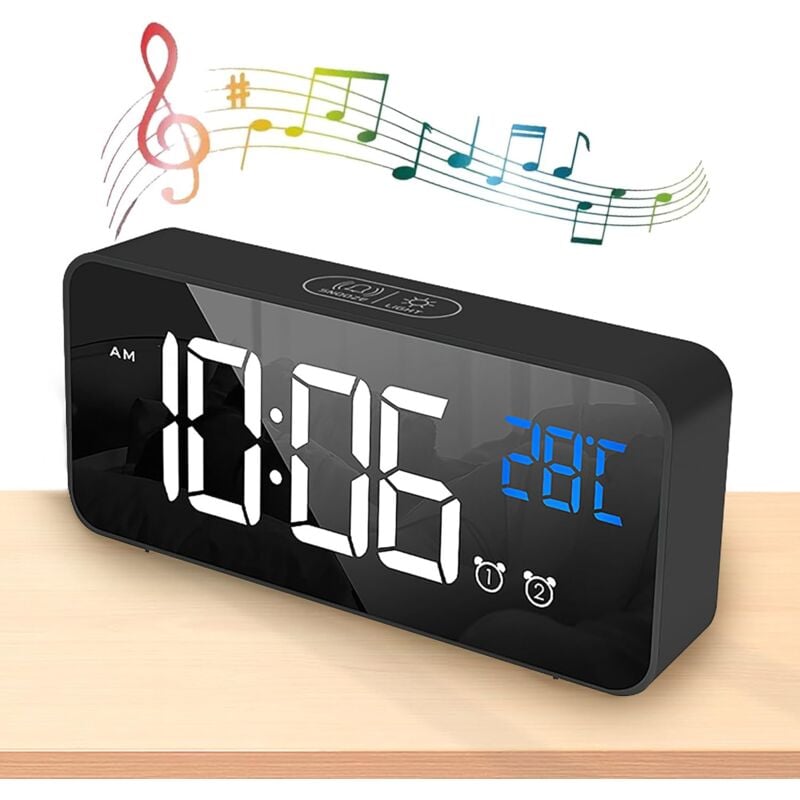 Longziming - Réveil Numérique 2.0, Horloge Numérique led Horloge Digitale Réveil Aver Température,Alarme de Miroir Portable,Luminosité Réglable,