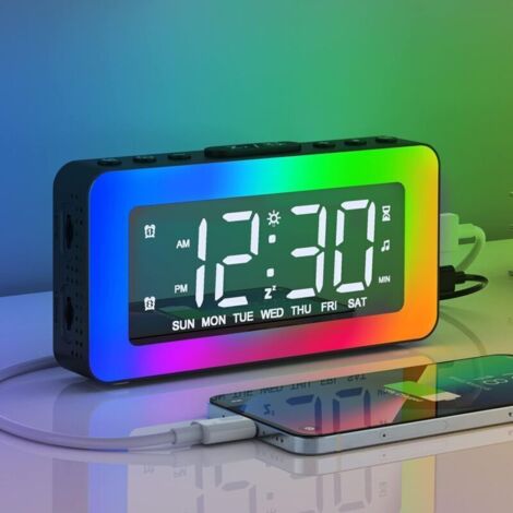 Réveil Numérique avec 2 Alarmes, Miroir Horloge Numérique LED avec 8 Modes Lumière, Snooze, Aide au Sommeil, Minuterie（noir）