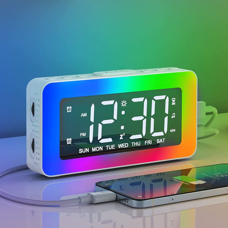 Réveil Numérique avec 2 Réveils, Miroir Horloge Numérique led avec 8 Modes Lumière, Snooze, Aide au Sommeil, Minuterie, Réveil Électronique avec