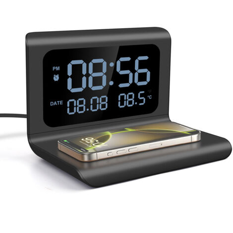 Réveil numérique avec affichage LED, station de charge rapide sans fil, thermomètre et port de charge USB.