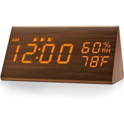 Réveil numérique avec boîtier en bois, affichage LED électronique, 3 réglages d'alarme et fonction de détection de la température et de l'humidité.