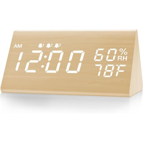 Réveil numérique avec boîtier en bois, affichage LED électronique, 3 réglages d'alarme et fonction de détection de la température et de l'humidité.