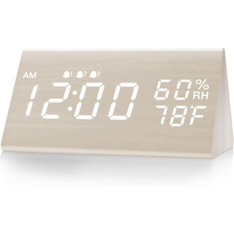 Réveil numérique avec boîtier en bois, affichage LED électronique, 3 réglages d'alarme et fonction de détection de la température et de l'humidité.