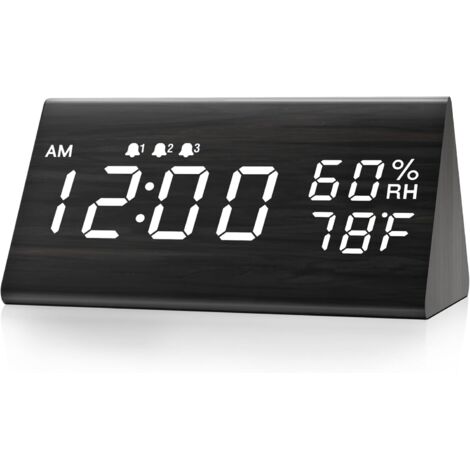 Réveil numérique avec boîtier en bois, affichage LED électronique, 3 réglages d'alarme et fonction de détection de la température et de l'humidité.