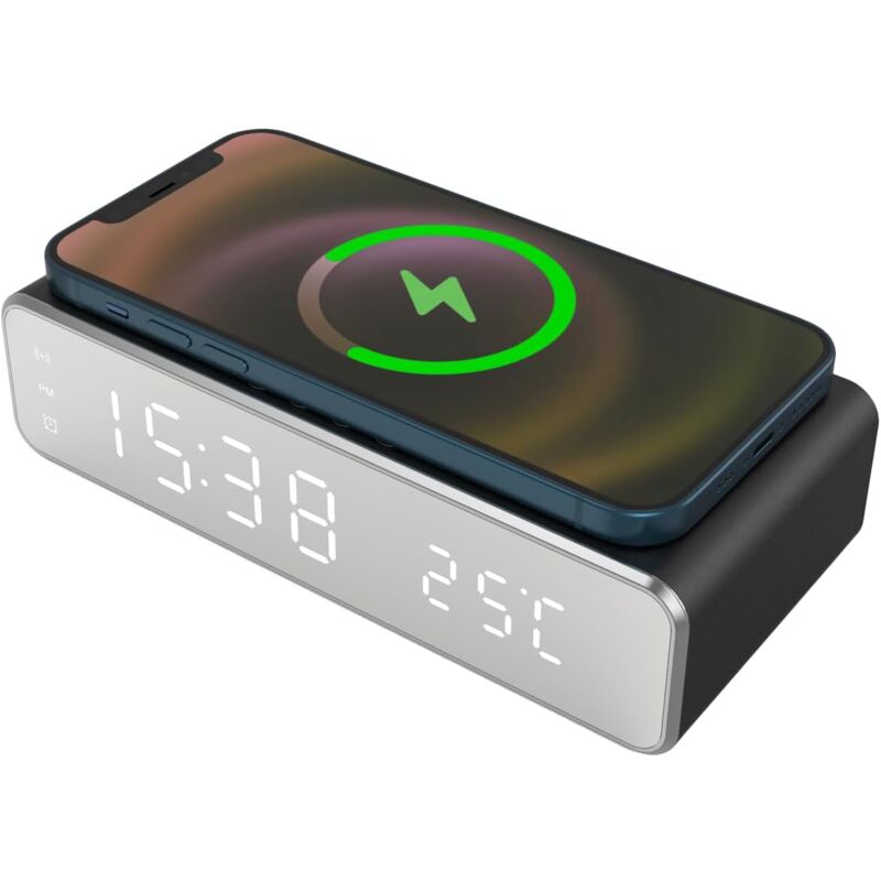 Réveil numérique avec Charge sans Fil Alarme réglable Écran LED Ajustable Veilleuse intégrée Compatible iPhone, Samsung, Huawei, Noir