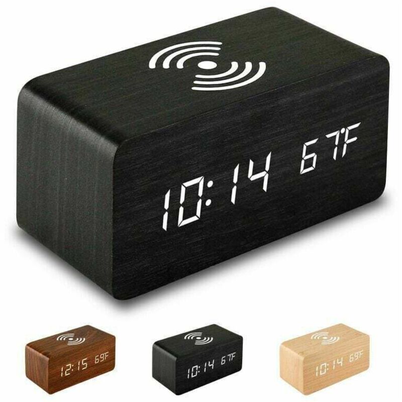 Alovez - Réveil Numérique Bois avec Chargeur sans Fil, Réveil Numérique en Bois avec Affichage led de l'Heure, de la Température, Contrôle Sonore