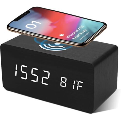 Reveil Numerique Avec Chargeur Sans Fil Led Reveil De Bureau Affichage De La Temperature, Noir - Noir