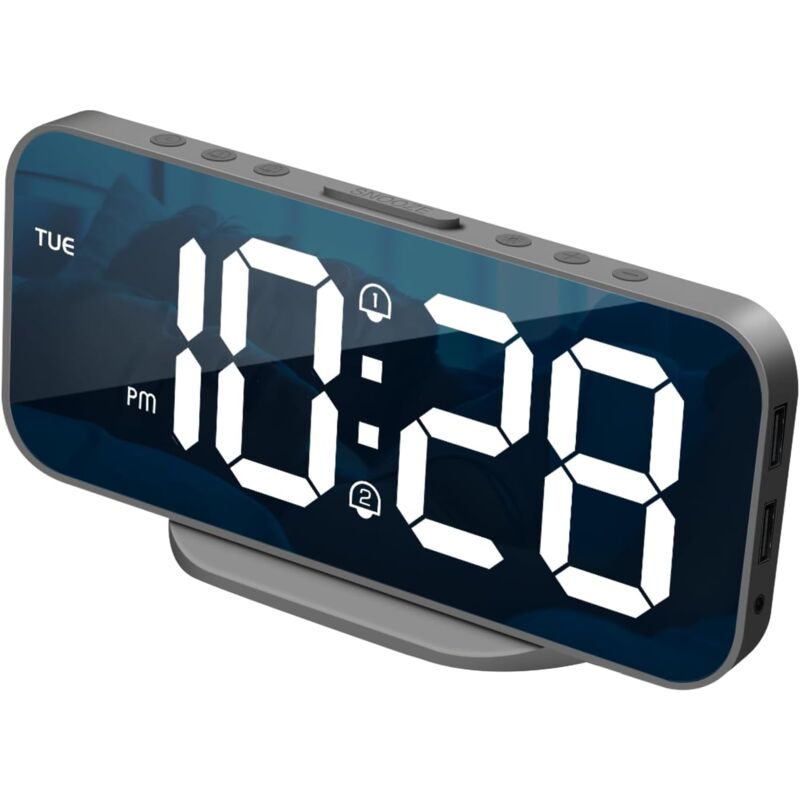 Réveil numérique avec double alarme, miroir LED pour chambre d'enfant, luminosité réglable, fonction Snooze, 2 ports USB pour charger le téléphone