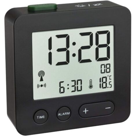 Réveil numérique, avec Horloge Radio-pilotée, fuseaux horaires réglables, réveil température et écran Lumineux, Noir