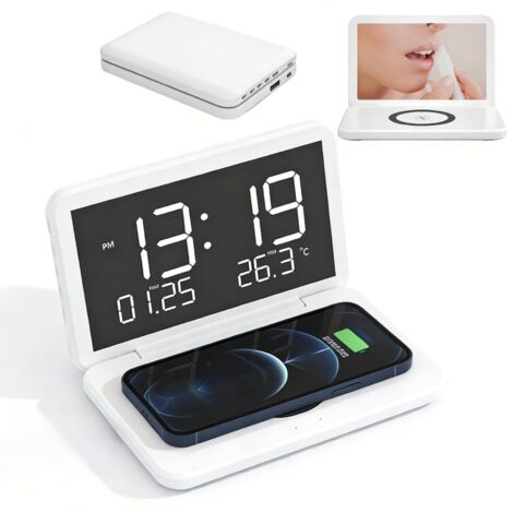 Réveil Numérique avec Station de Charge Horloge de Chevet Pliable 4 en 1 avec Thermomètre à Chargeur sans Fil 15 W, Réveil de Charge sans Fil, Affichage Miroir LED pour Voyager (Blanc)