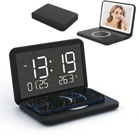 Réveil Numérique avec Station de Charge Horloge de Chevet Pliable 4 en 1 avec Thermomètre à Chargeur sans Fil 15 W, Réveil de Charge sans Fil, Affichage Miroir LED pour Voyager (Noir)