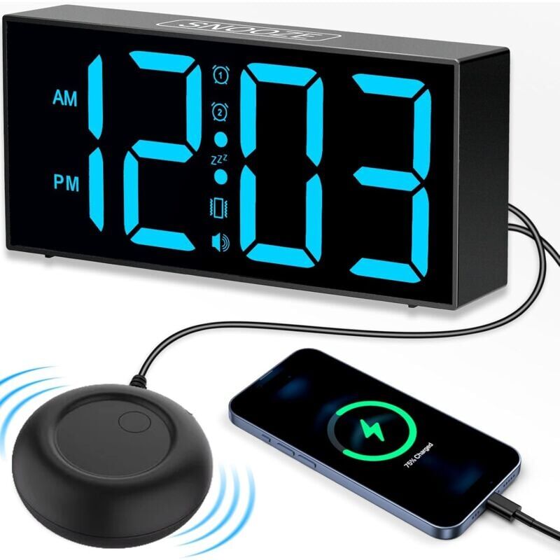 Réveil numérique avec vibration, alarme matinale extra forte, lumière LED 7 pouces, réveil vibrant pour sourds et malentendants, fonction snooze,
