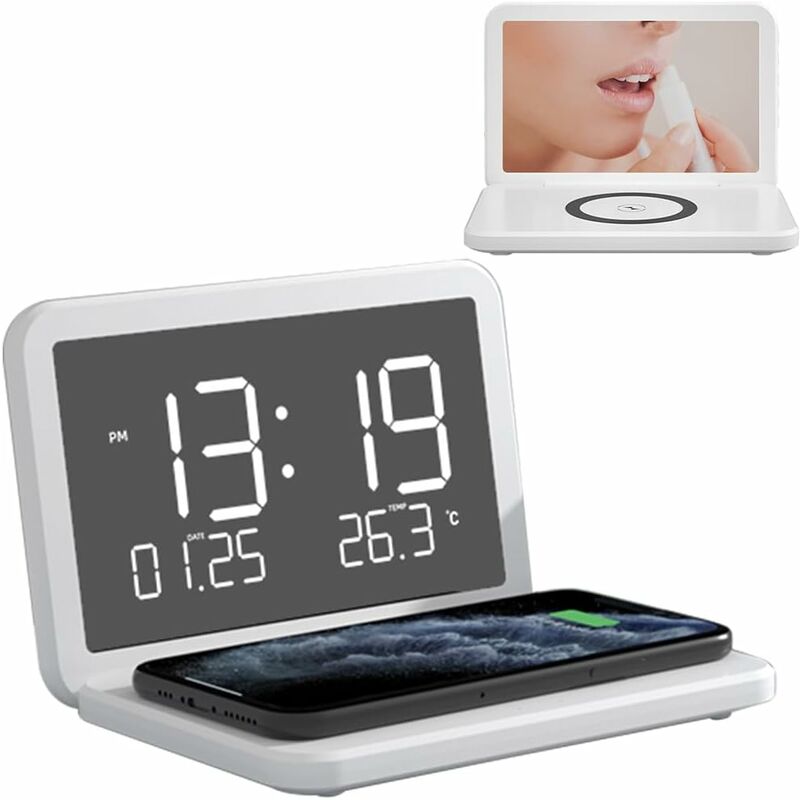 Réveil numérique, chargement sans fil, port de chargement USB pour chambre à coucher, bureau (blanc)