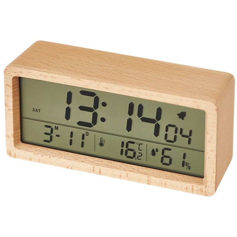 Réveil numérique - Coque en bois de hêtre - Écran LCD - Affichage de la température et de l'humidité - Beige clair