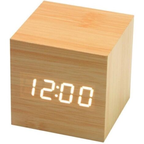 Réveil numérique cube en bois, horloge de voyage portable, affichage de l'heure, de la température et du calendrier, jaune