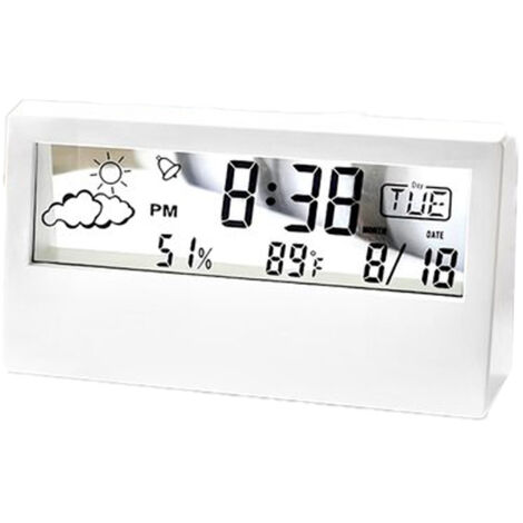 Réveil numérique de bureau - Écran LCD - Avec prévisions météo, thermomètre et alarme - Électronique - Fonctionne sur piles - Blanc