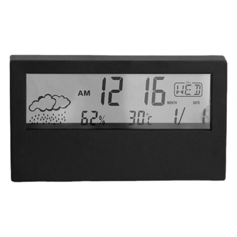Réveil numérique de bureau - Écran LCD - Avec prévisions météo, thermomètre et alarme - Électronique - Fonctionne sur piles - Noir