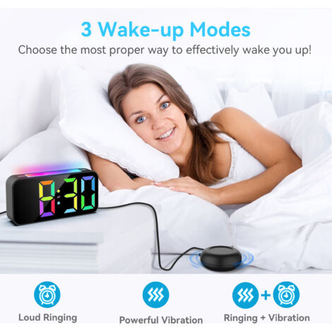 Réveil numérique de chambre, horloge numérique couleur avec contrôle de la luminosité et fonction snooze, grand écran RGB avec 8 options de couleur - noir.