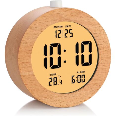 Réveil Numérique En Bois - 1 Pièce - Bois Massif - Affichage LCD Et Veilleuse - Chambre Et Bureau - 10x10 Cm