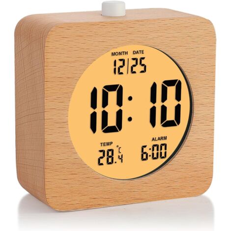 Réveil Numérique En Bois - 1 Unité - Bois Massif - Affichage LCD Et Veilleuse - Chambre Et Bureau - 10,2 Cm