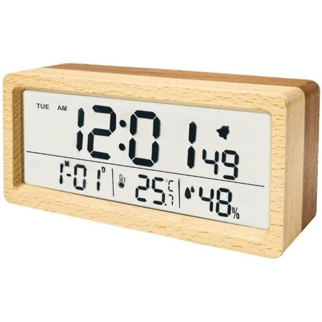 Réveil numérique en bois à piles avec veilleuse, fonction snooze, calendrier, température et humidité, format 12/24 heures (bambou)