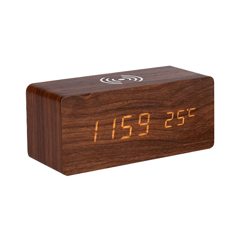 Lifcausal - Réveil numérique en bois, affichage électronique de l'heure à led, pour chambre à coucher, chargement sans fil 10 w, 3 réglages d'alarme,