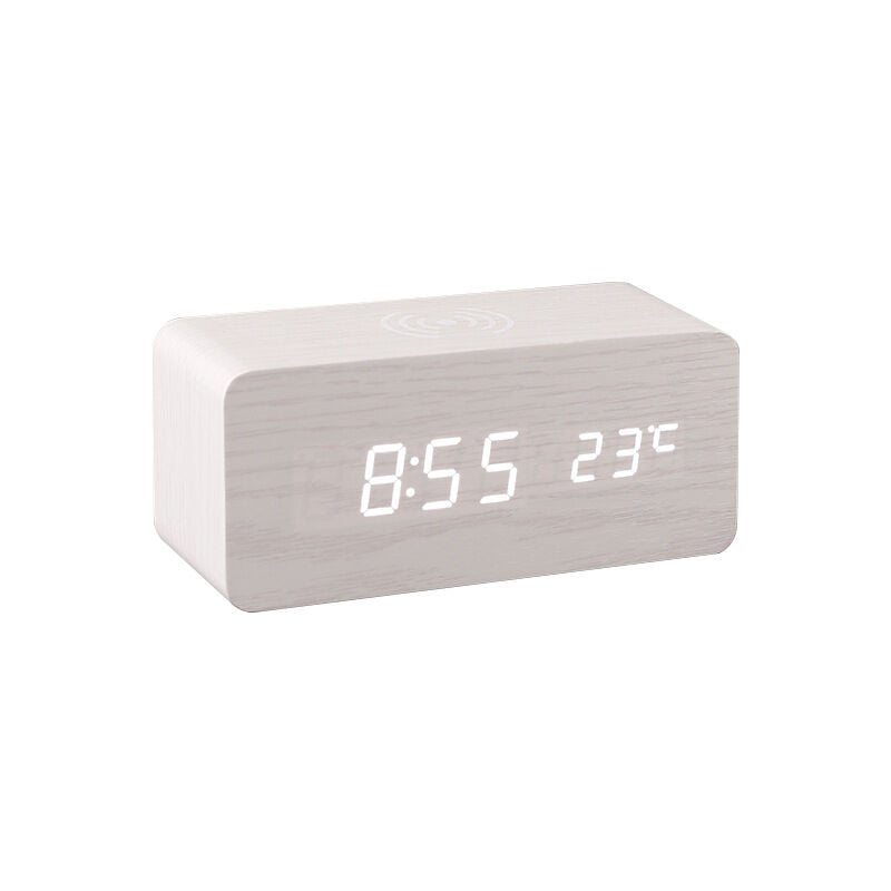 Lifcausal - Réveil numérique en bois avec affichage électronique de l'heure à led pour chambre à coucher, chargement sans fil 10 w, 3 réglages