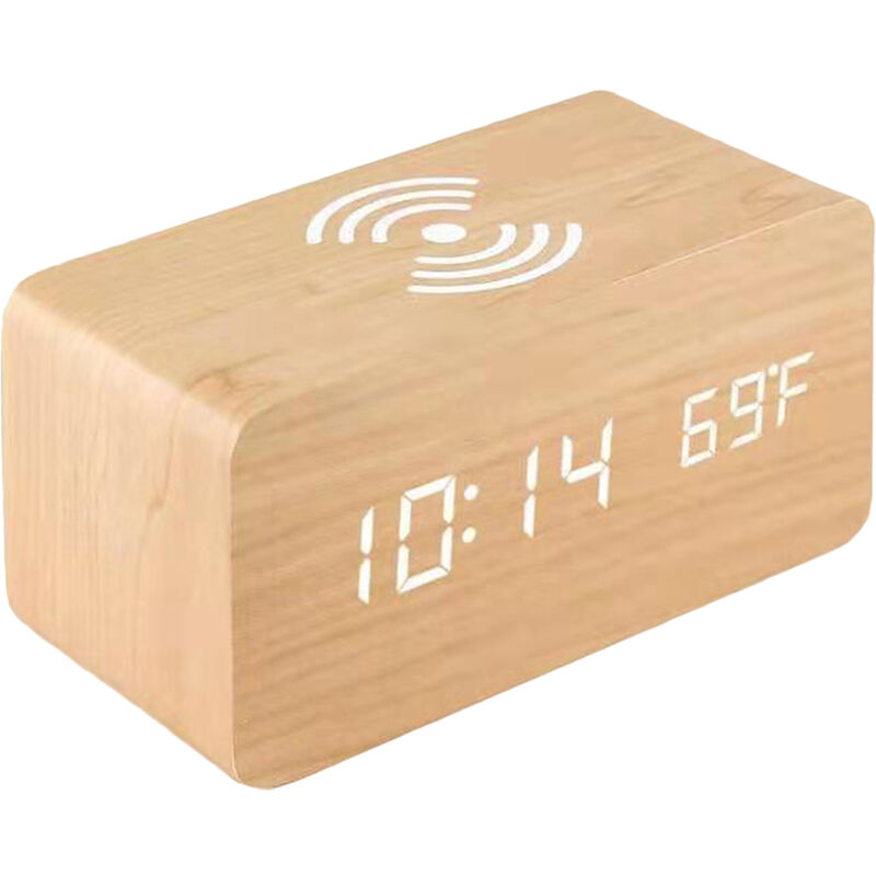 Lifcausal - Réveil numérique en bois avec affichage électronique de l'heure à led pour chambre à coucher, chargement sans fil 10 w, 3 réglages