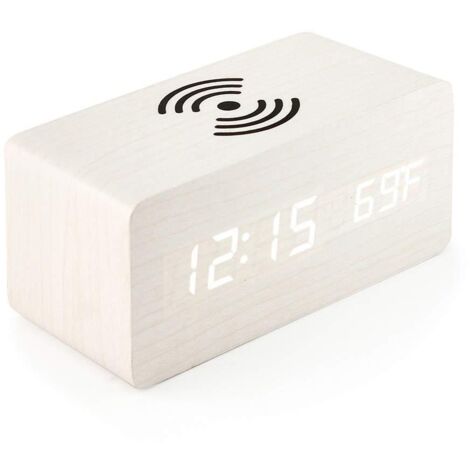 Réveil numérique en bois avec chargeur sans fil, horloge digitale LED affichant température et date, alarmes multiples, 3 niveaux de luminosité, contrôle sonore, format 12/24H