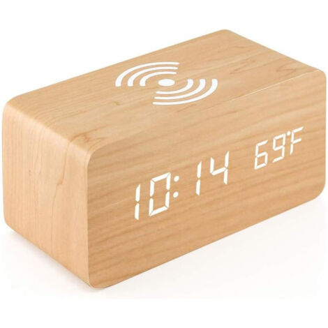Réveil numérique en bois avec chargeur sans fil, horloge digitale LED affichant température et date, alarmes multiples, 3 niveaux de luminosité, contrôle sonore, format 12/24H