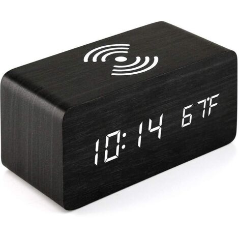 Réveil numérique en bois avec chargeur sans fil, horloge digitale LED affichant température et date, alarmes multiples, 3 niveaux de luminosité, contrôle sonore, format 12/24H