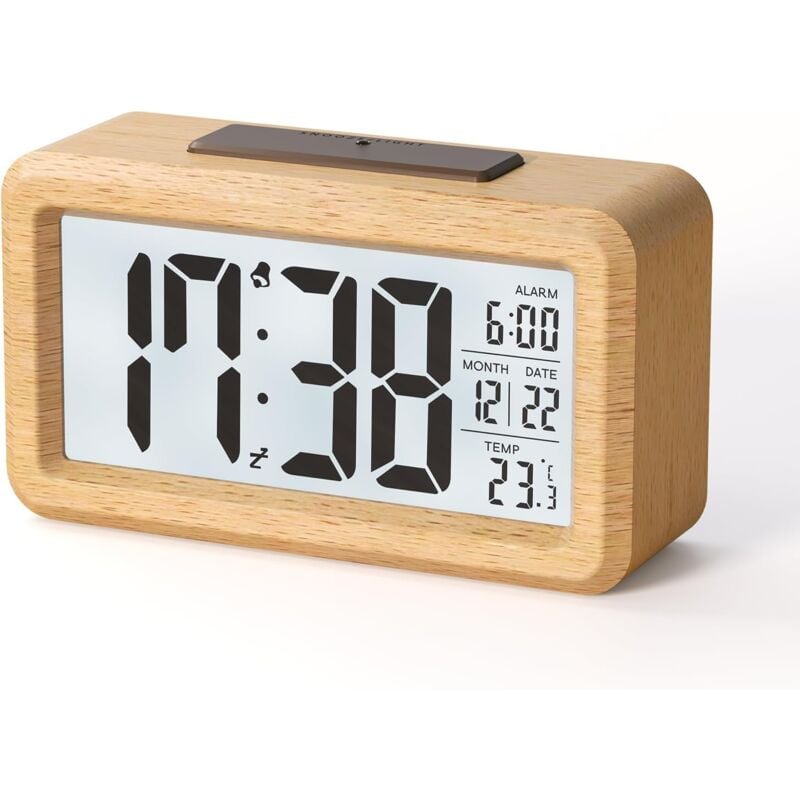Réveil numérique en Bois avec Grand écran LCD, Date, température, capteur de lumière Automatique, Fonction Snooze, Fonctionne sur Piles (3 Piles AAA