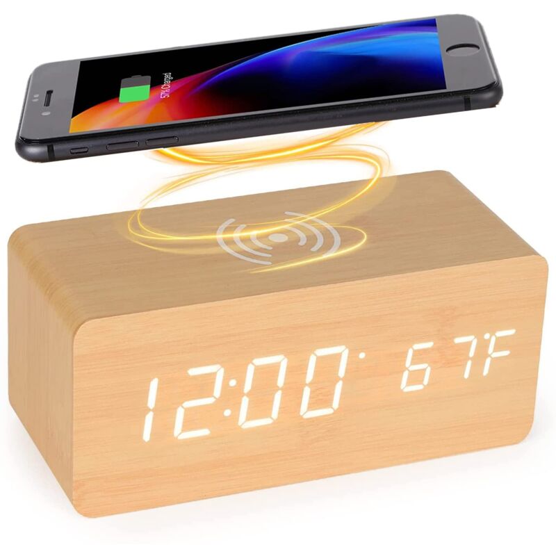 Réveil numérique en bois avec station de charge sans fil, chargeur rapide 5 W pour iPhone/Samsung Galaxy, Commande vocale réveil sans tic tac, pour