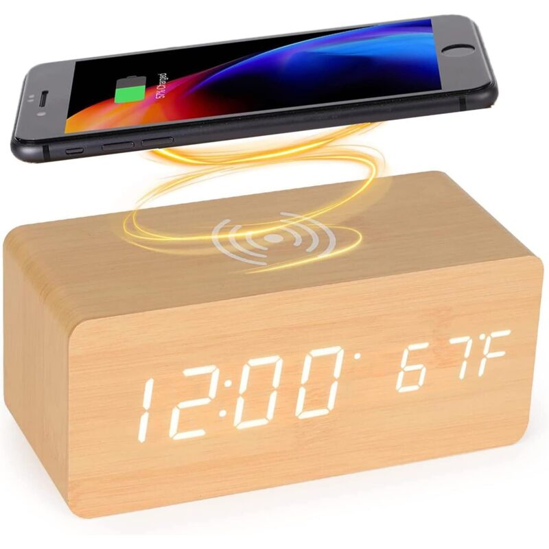 Réveil numérique en bois avec station de charge sans fil, chargeur rapide 5 W pour iPhone/Samsung Galaxy, Commande vocale réveil sans tic tac, pour