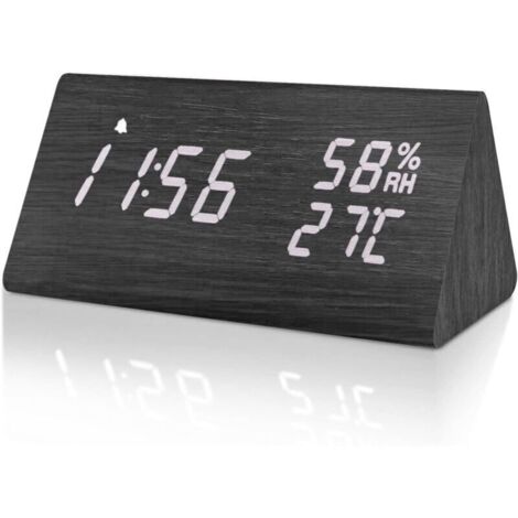 Réveil Numérique en Bois - Horloge Digitale LED Silencieuse - Luminosité Réglable, Fonction Snooze, Affichage de la Température et de l'Humidité - Alimenté par USB pour Maison/Bureau