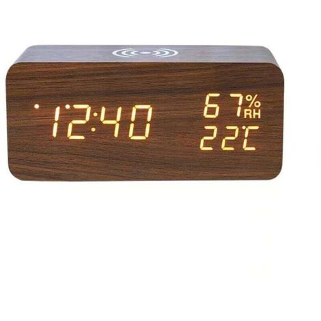 Réveil numérique en bois - Radio-réveil - Réveil - Bois - Chargement sans fil - Station météo d'intérieur
