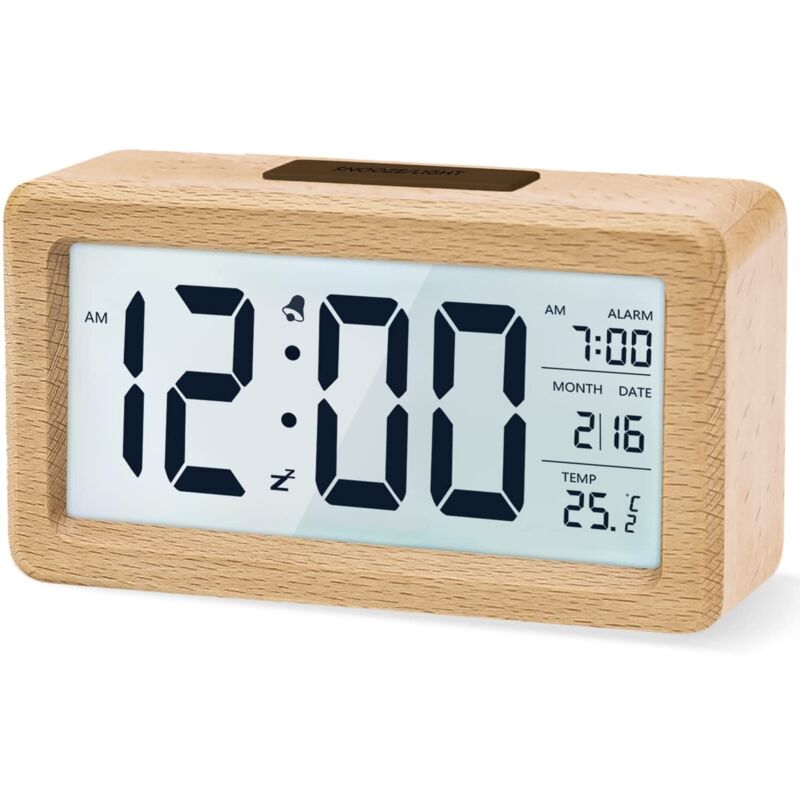Réveil Numérique en Bois, Réveil LCD Horloge Digitale sans Tic-tac avec Affichage Date, Température, Fonction Snooze, Horloge Numérique Alimenté par